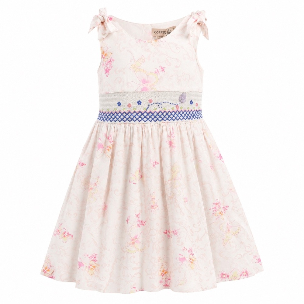Copper Key Girls Pink Butterfly Floral Smocked Waist Tie Shoulder Dress Size 4